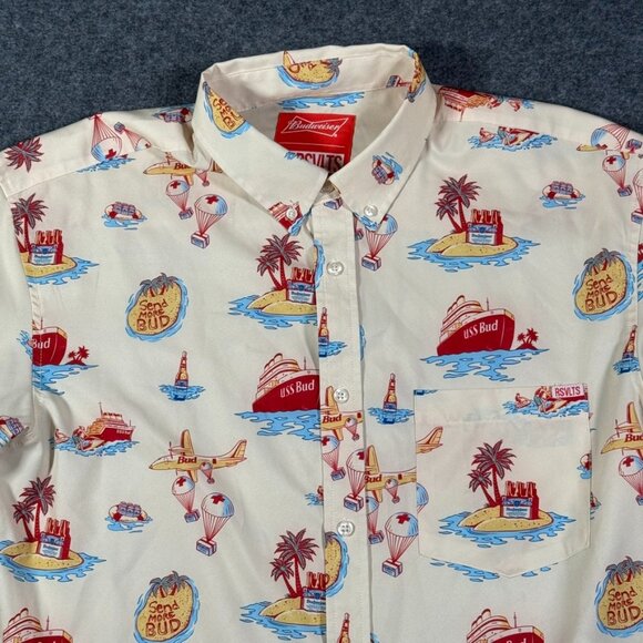 Rsvlts‎ Budweiser Kunuflex Short Sleeve Button Shirt Cream Red Vacation Sz Large - Picture 4 of 11